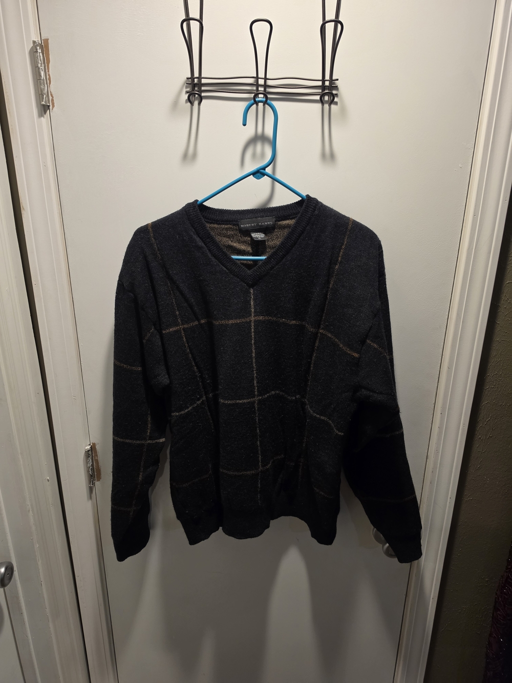 Robert Banks Sweater Mens XL Merino Wool V Neck Brown Windowpane Made Uruguay